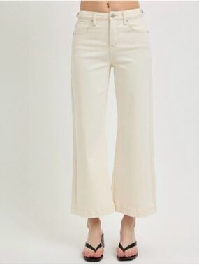 Risen Jeans 11/30 Ivory High Rise Crop Wide Leg Adjustable Snap Waist PWC21153